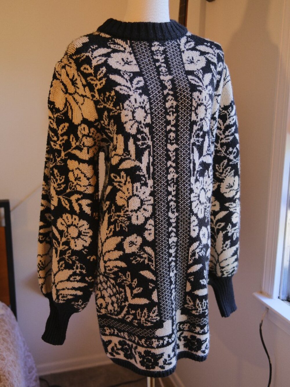 Farm Rio Black & White Floral Knit Sweater Dress Wool Blend Size XS